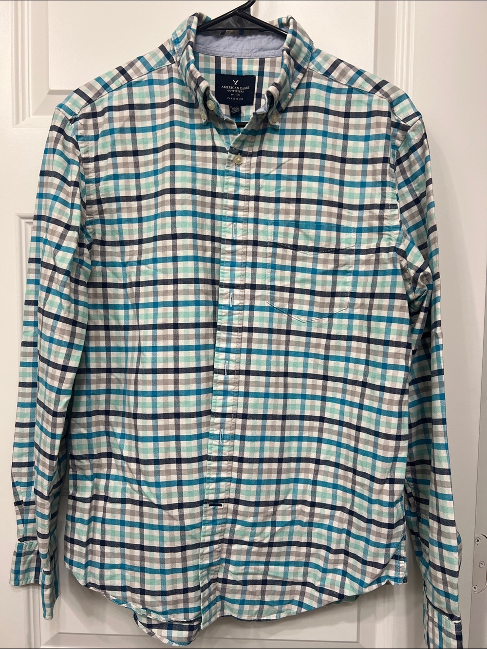 American Eagle Outfitters Men’s Teal, White & Navy Plaid Button-Down Shirt